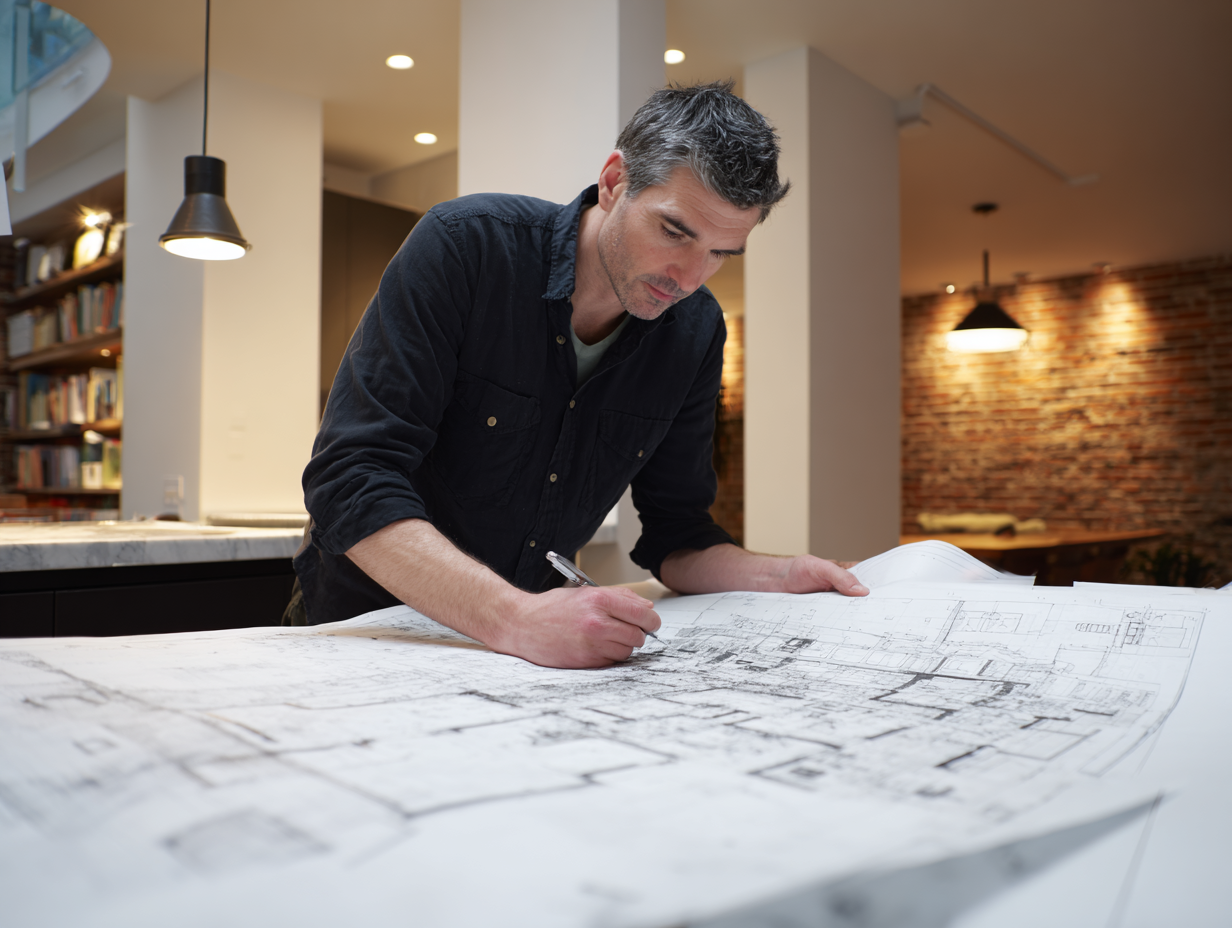 Architect reviewing detailed building blueprints in a modern workspace.